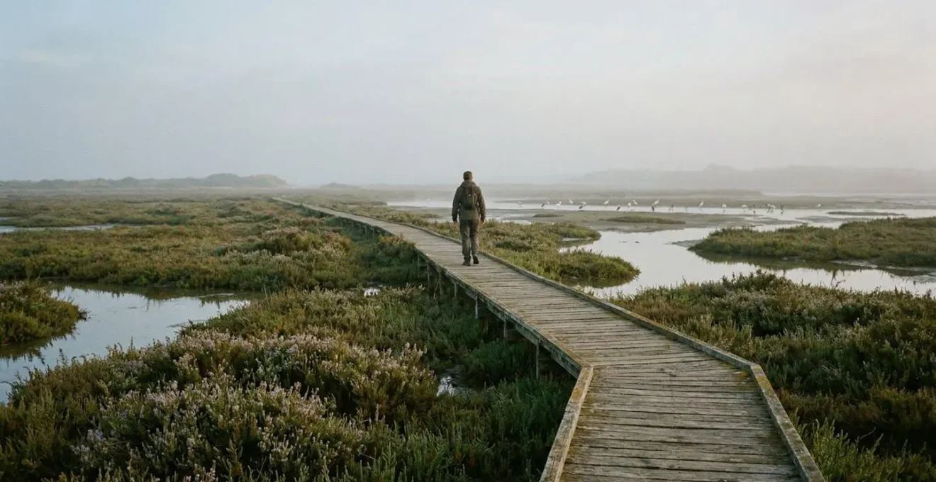A distant figure walking along a wooden boardwalk path through misty salt marshes, wading birds visible in shallow water, soft morning light