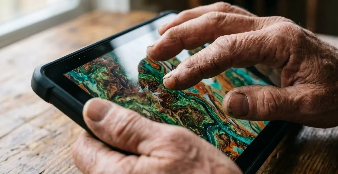 Hands examining satellite imagery on a tablet showing rural terrain for route verification