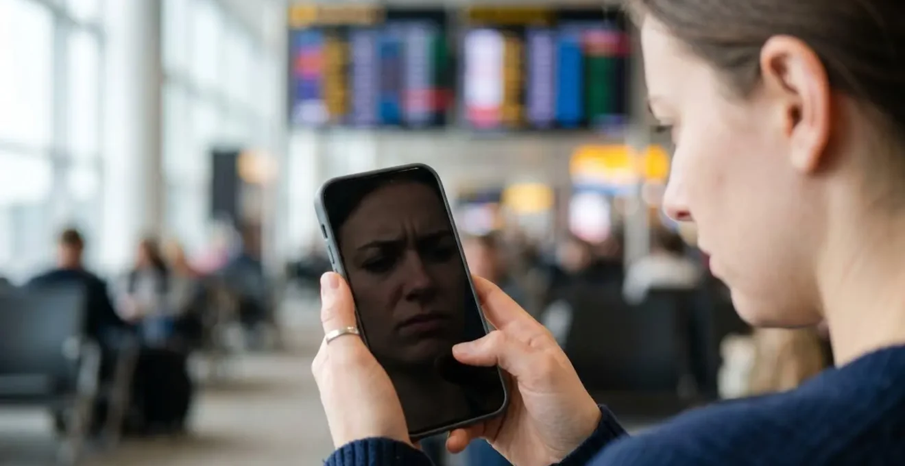 A traveller's face reflected in a dark phone screen, finger hovering over the settings area, illustrating the focus needed for data management.