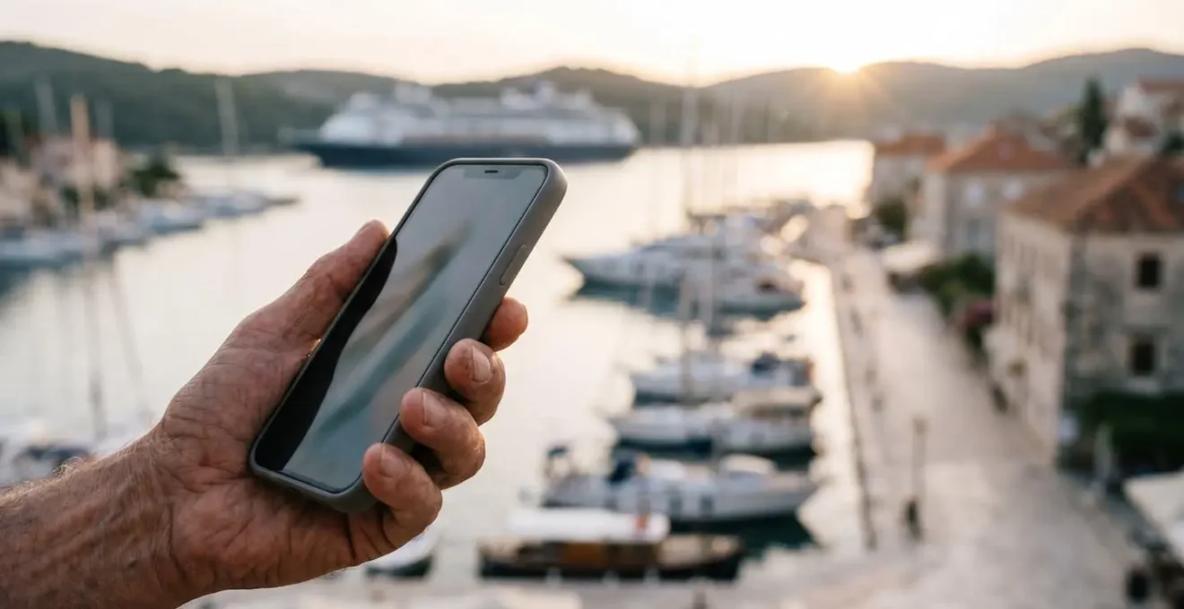 Hand holding a smartphone with a map displayed, overlooking a Mediterranean harbour.