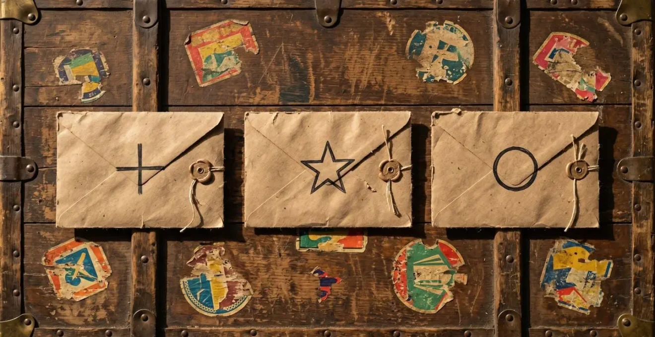 Three distinct envelopes labeled with symbols for emergency, treats, and daily spending on a rustic wooden travel trunk