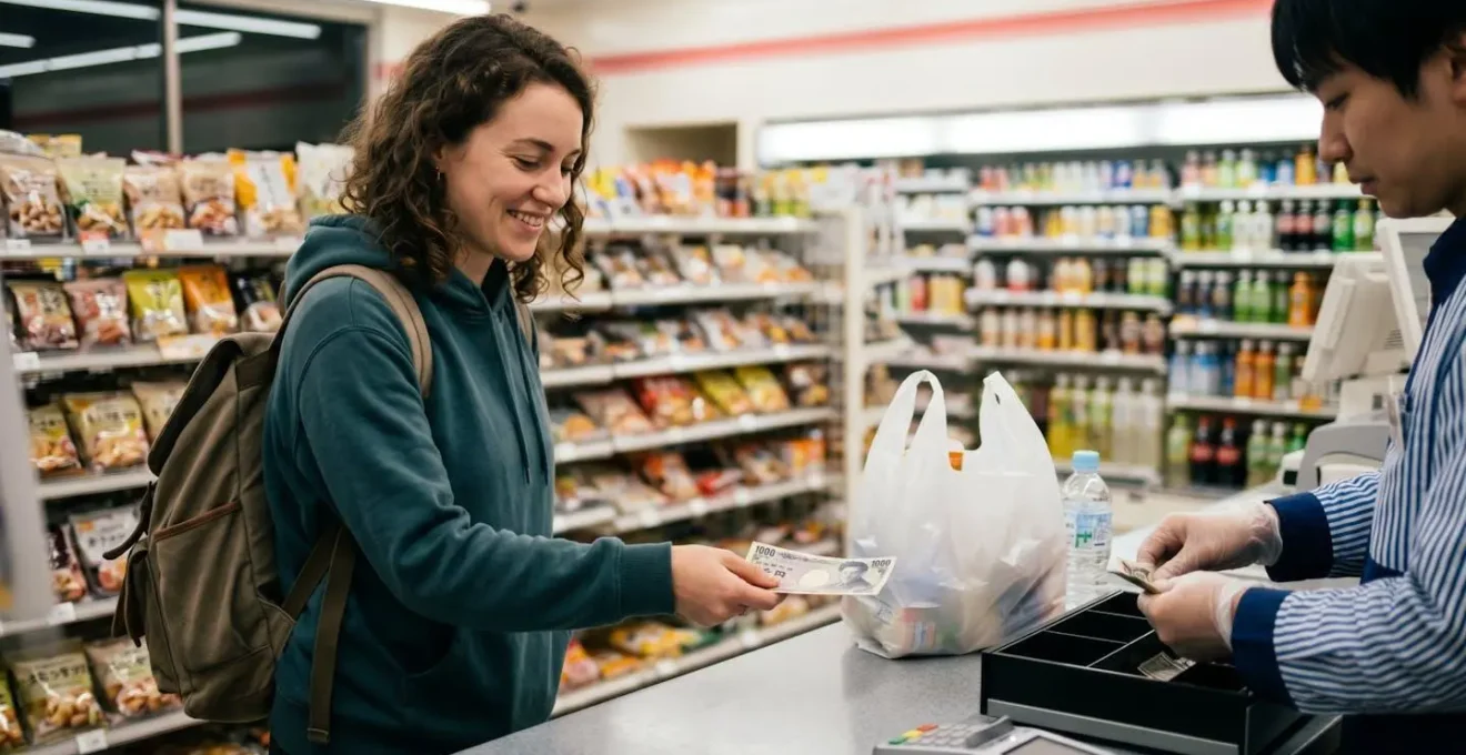 A traveller at a brightly lit Tokyo convenience store counter, looking relieved and happy after making their first purchase.