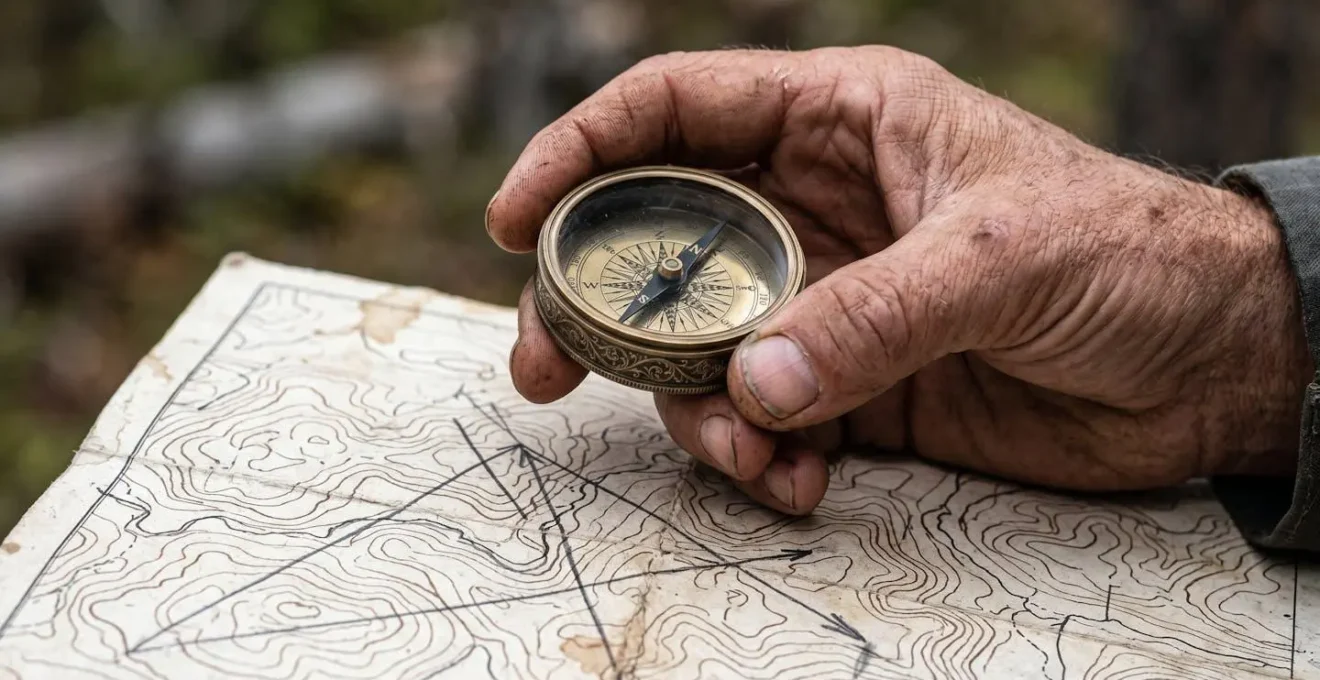 Hands holding a compass over a topographic map showing the triangulation method for navigation.