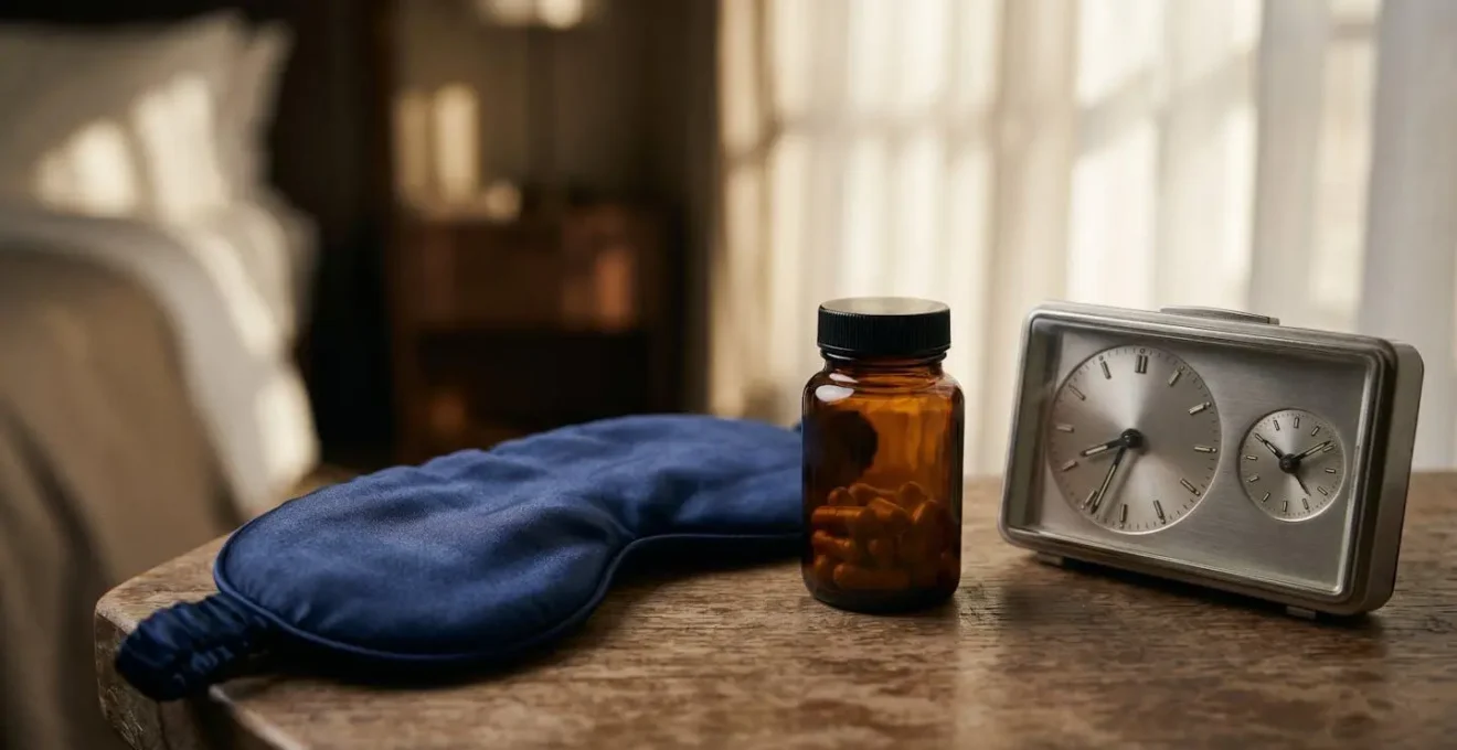 Macro shot of travel essentials for managing jet lag including an eye mask, melatonin, and a world clock