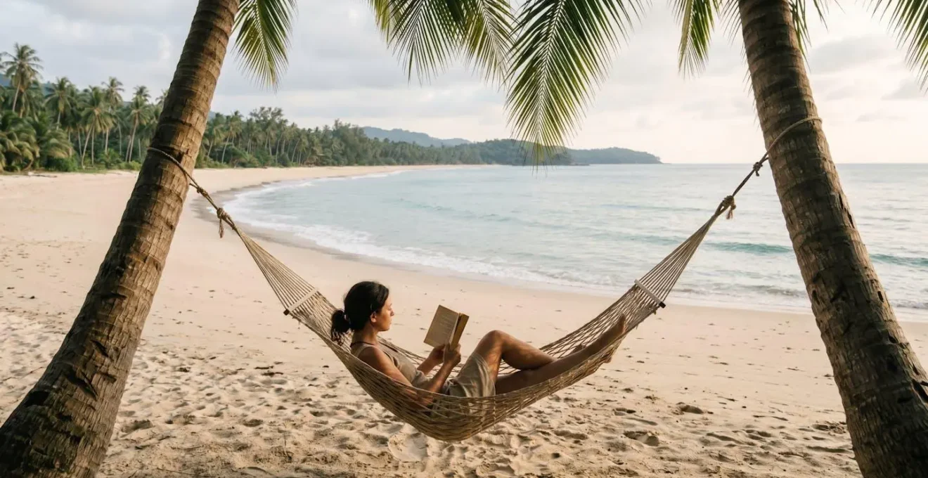 A person peacefully reading a book in a hammock strung between two palm trees, with a serene ocean view, representing a perfect travel rest day.