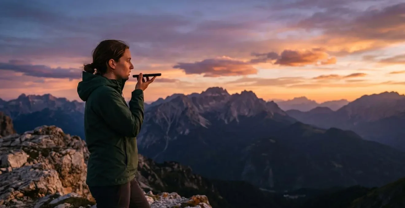 A solo traveler recording a voice message on their phone, with a vast mountain landscape in the background.