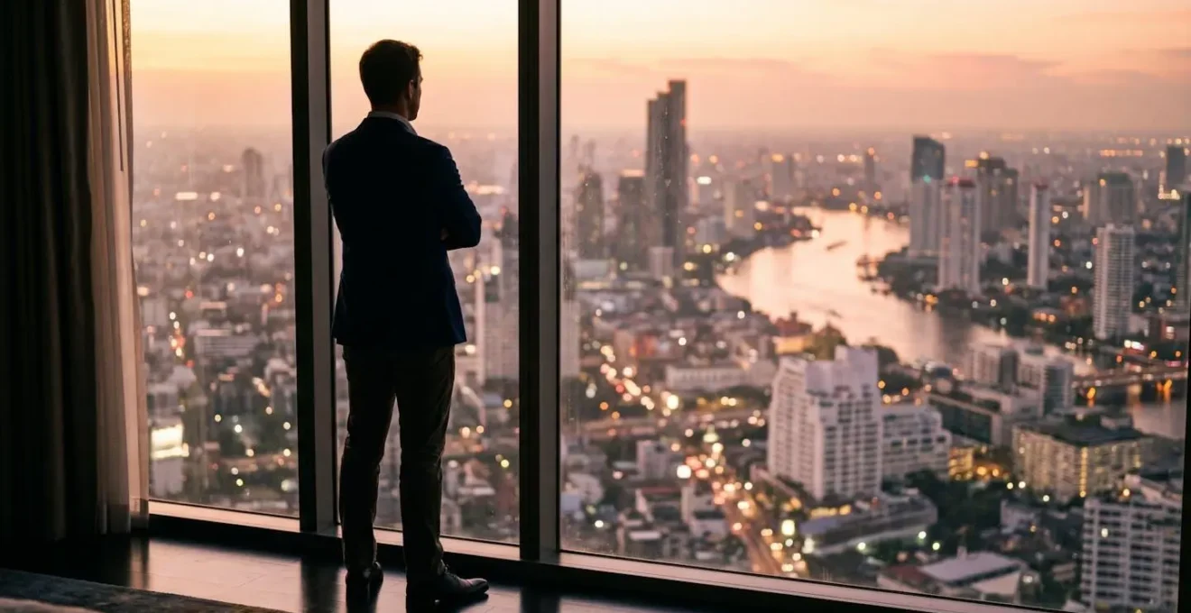 Business traveler standing by hotel window at sunrise overlooking metropolitan cityscape