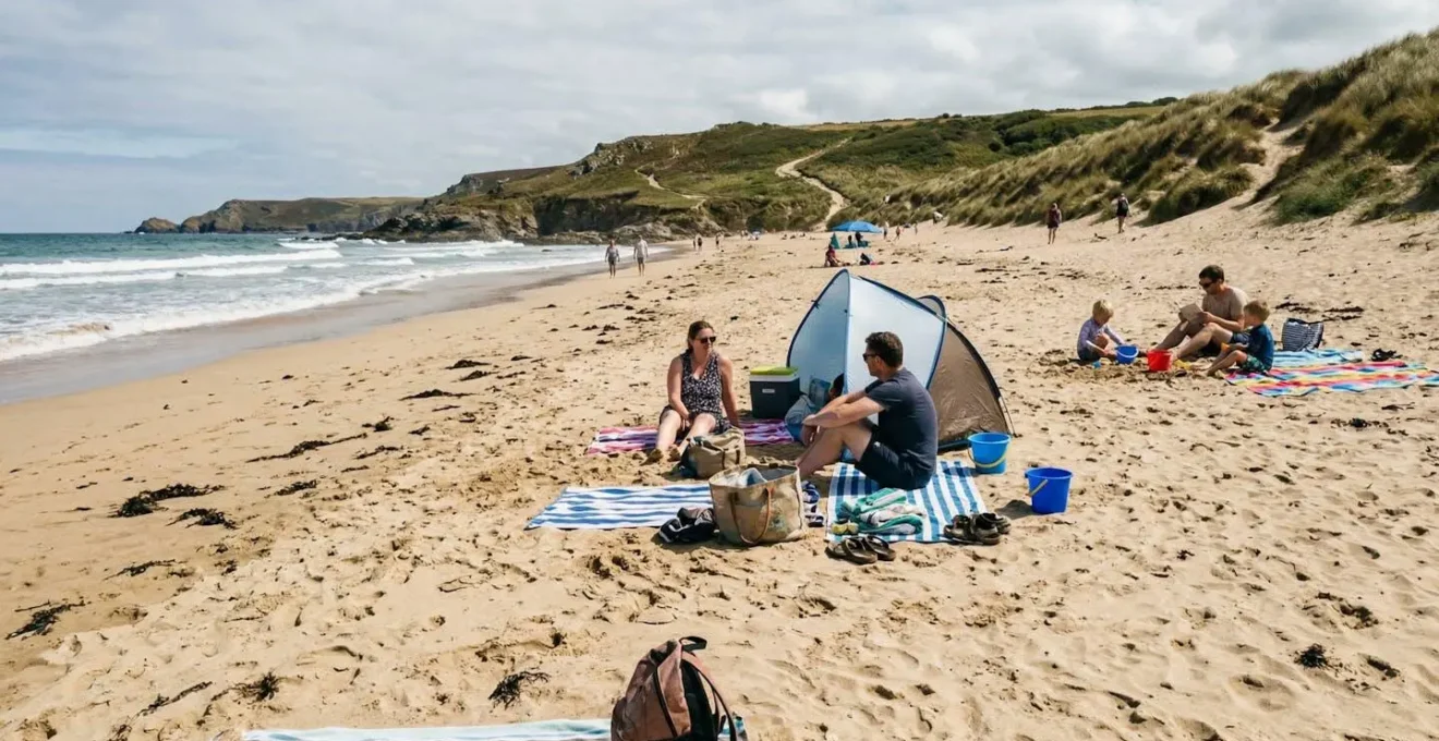 A sandy beach with a few families scattered naturally across the sand, dunes rising in the background, beach bags and towels visible in an authentic holiday scene