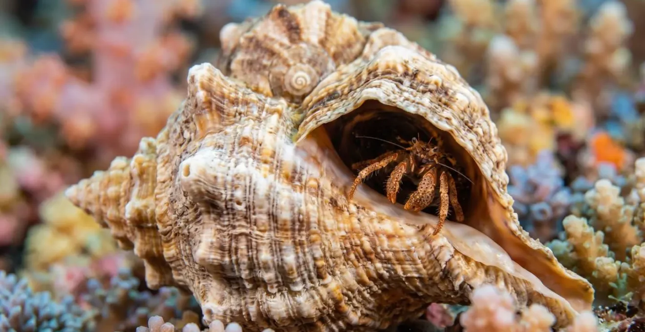 Extreme close-up of living Triton's Trumpet shell showing intricate natural patterns and textures