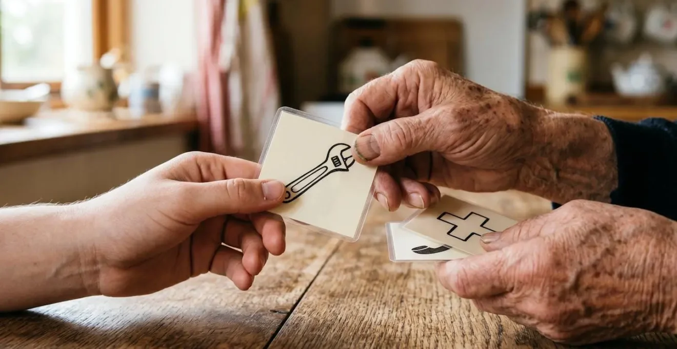 Weathered hands holding illustrated communication cards on a rustic wooden table