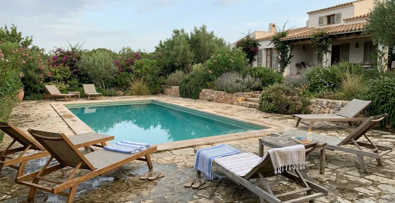 Empty villa terrace with pool in soft morning light, loungers arranged casually, authentic lived-in atmosphere