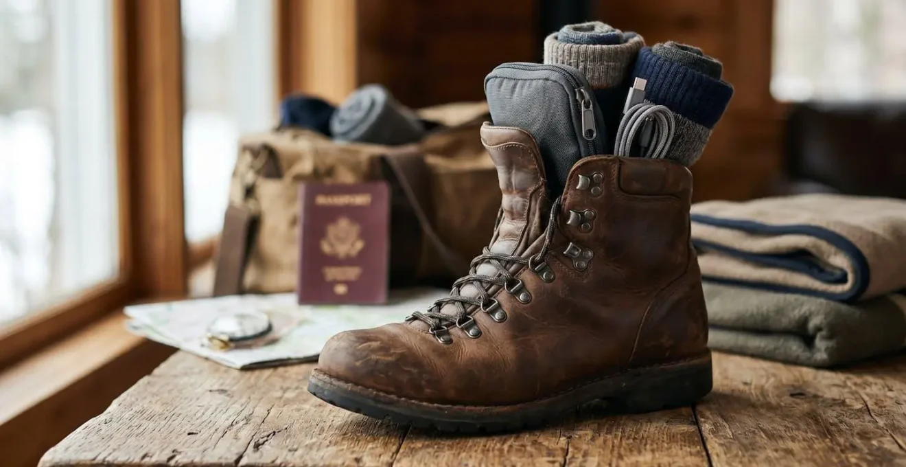 Winter boots stuffed with rolled socks and small items for efficient packing