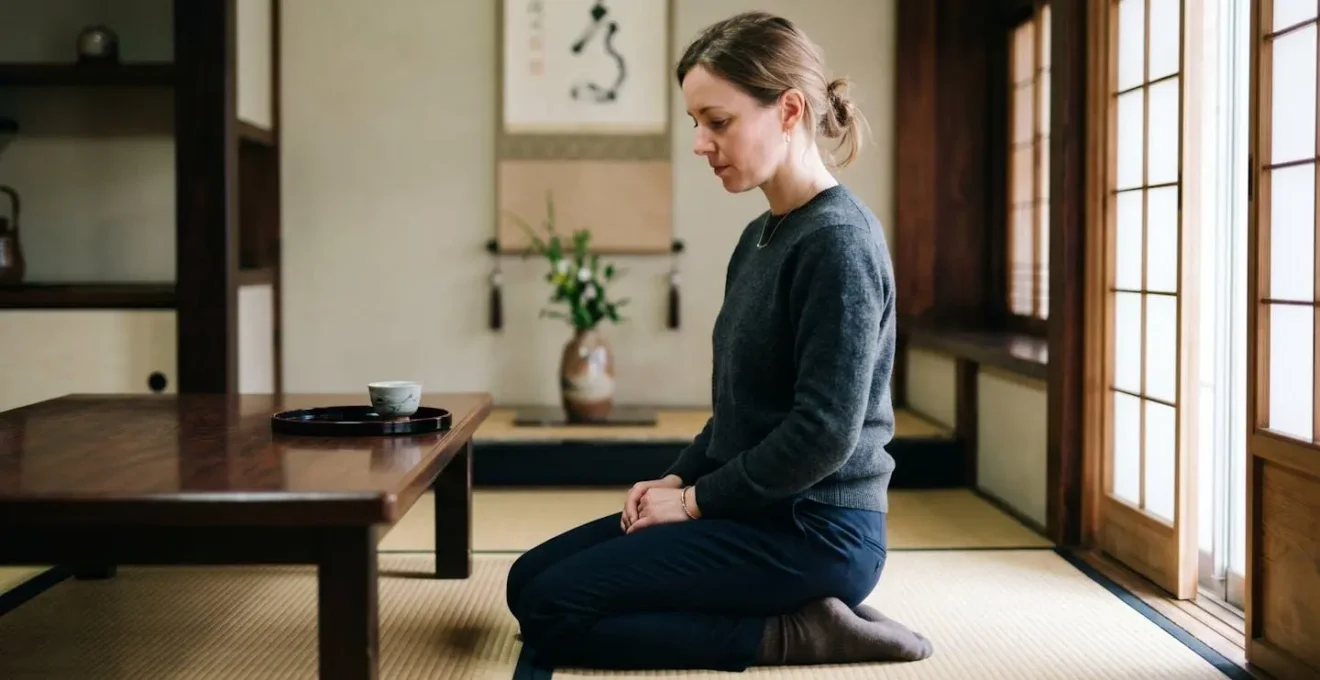 Demonstration of correct seating positions showing proper foot placement away from host during tea ceremony